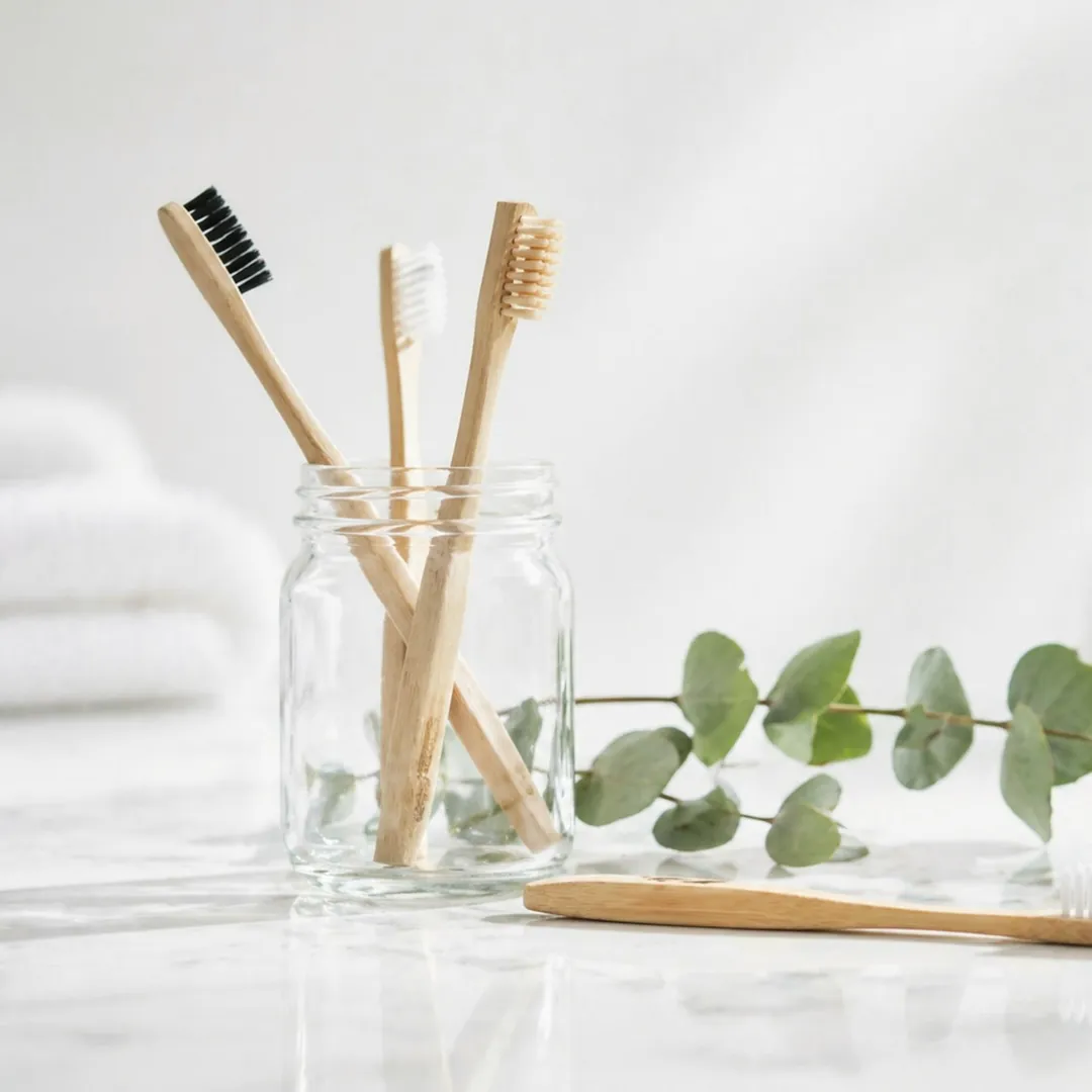 Cepillos de dientes de bambú en un frasco de vidrio, junto a ramas de eucalipto.